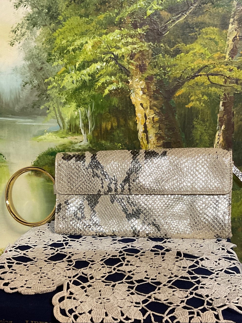 kate spade Metallic Snake-Print Wristlet Clutch in Silver and Black